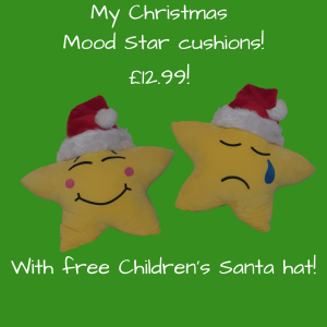 Happy and Sad My Mood Stars cushions wearing Santa hats