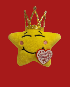 Yellow Happy Star wears a golden crown and holds a Happy Mothers Day badge.